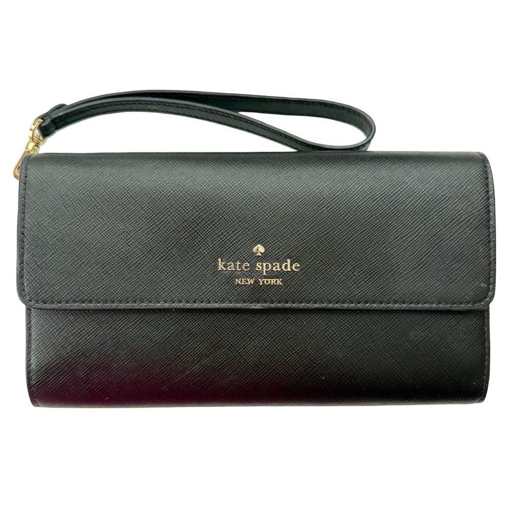 Kate Spade New York Black Saffiano Leather Wristlet Wallet Gold Logo Hardware